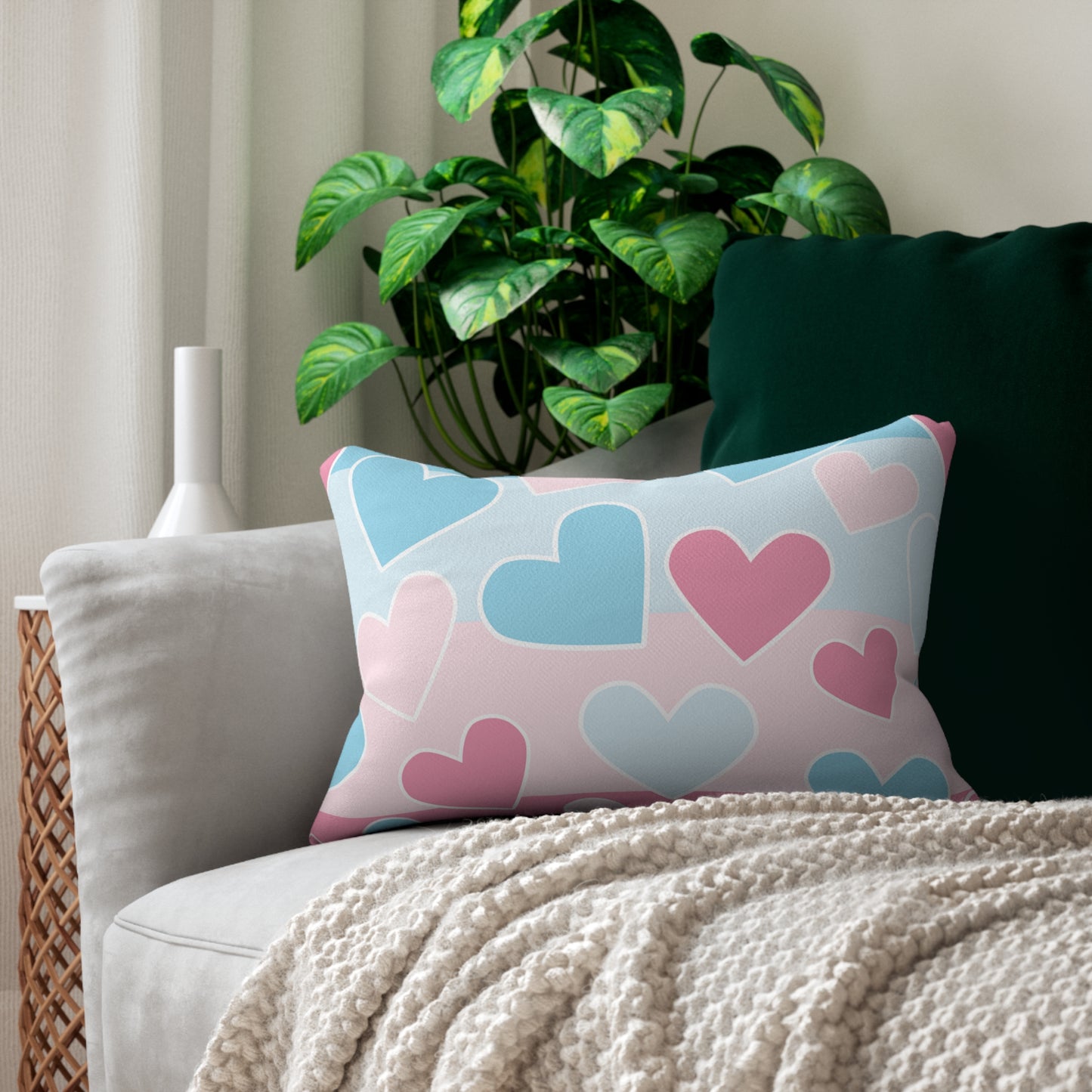 Pink and Blue Heart Design Polyester Lumbar Pillow