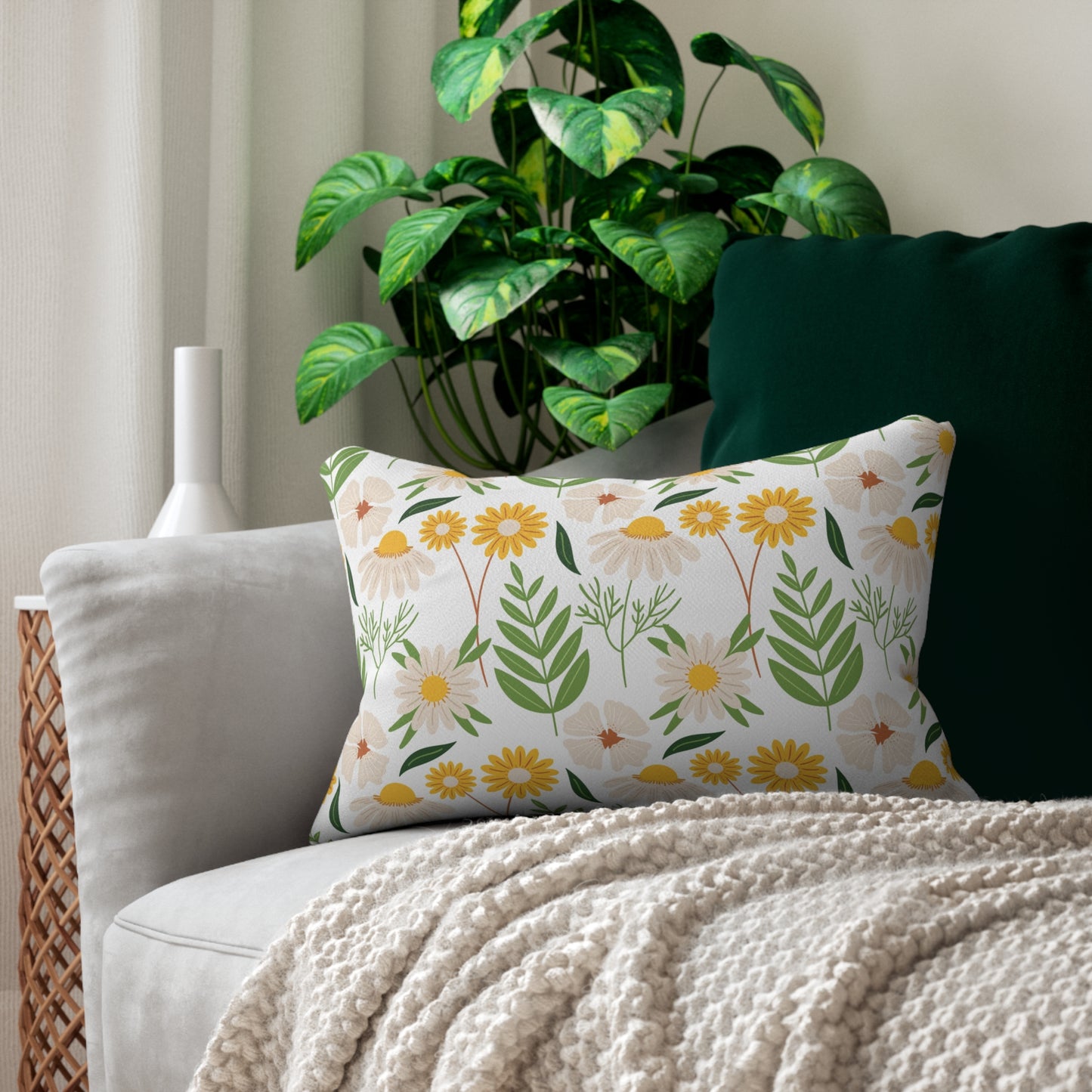 White & Yellow Sunflower Lumbar Pillow