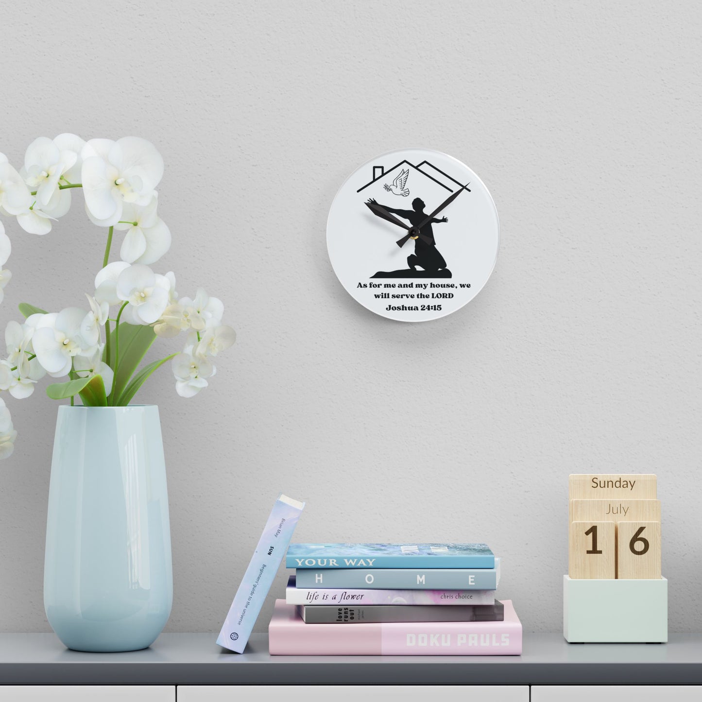 Joshua 24:15 Inspirational Acrylic Wall Clock – Timeless Wisdom for Your Home