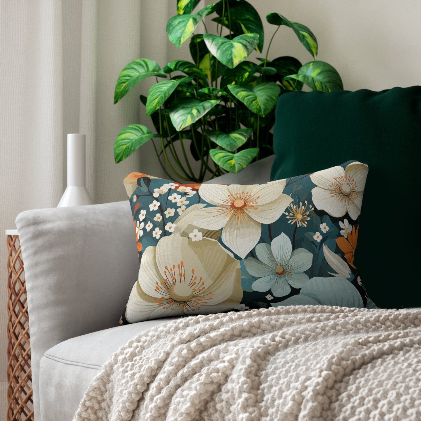 Serenity Floral Pattern Spun Polyester Lumbar Pillow