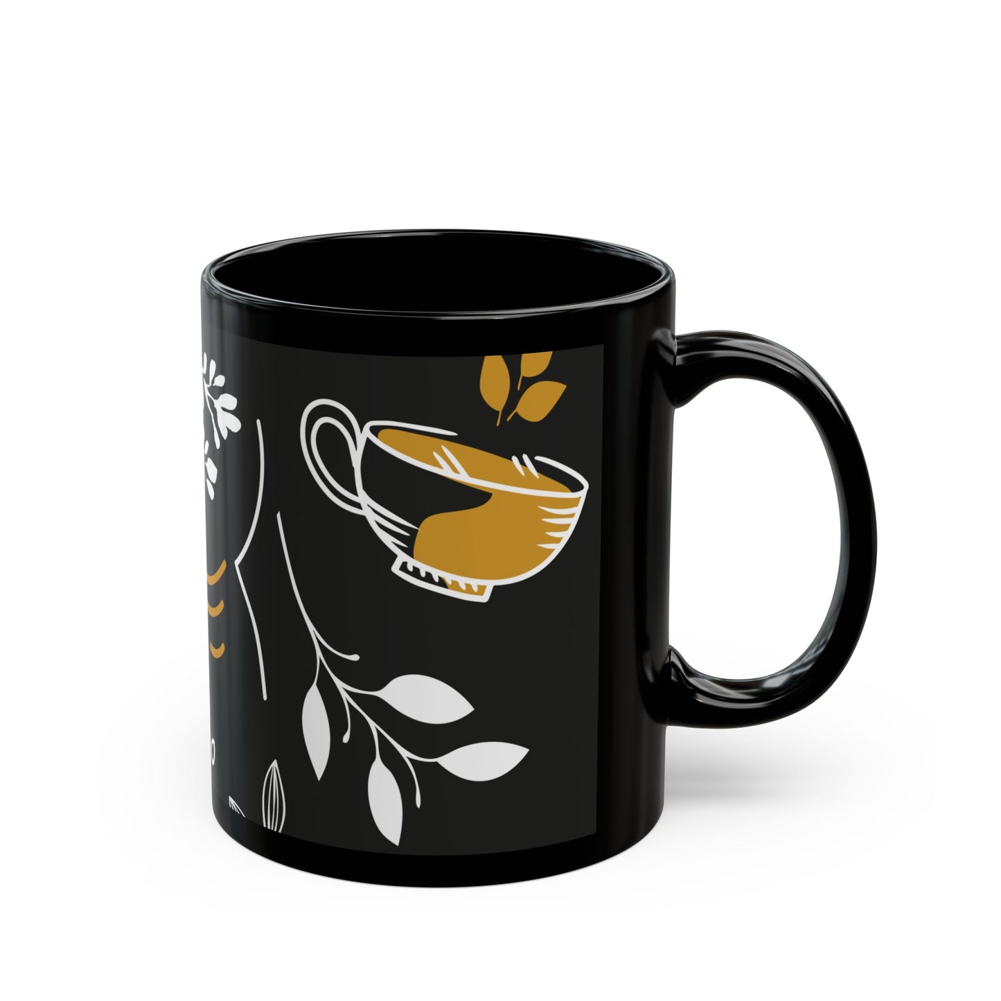 Elegance in Every Sip: White & Gold Floral 11oz Black Ceramic Mug