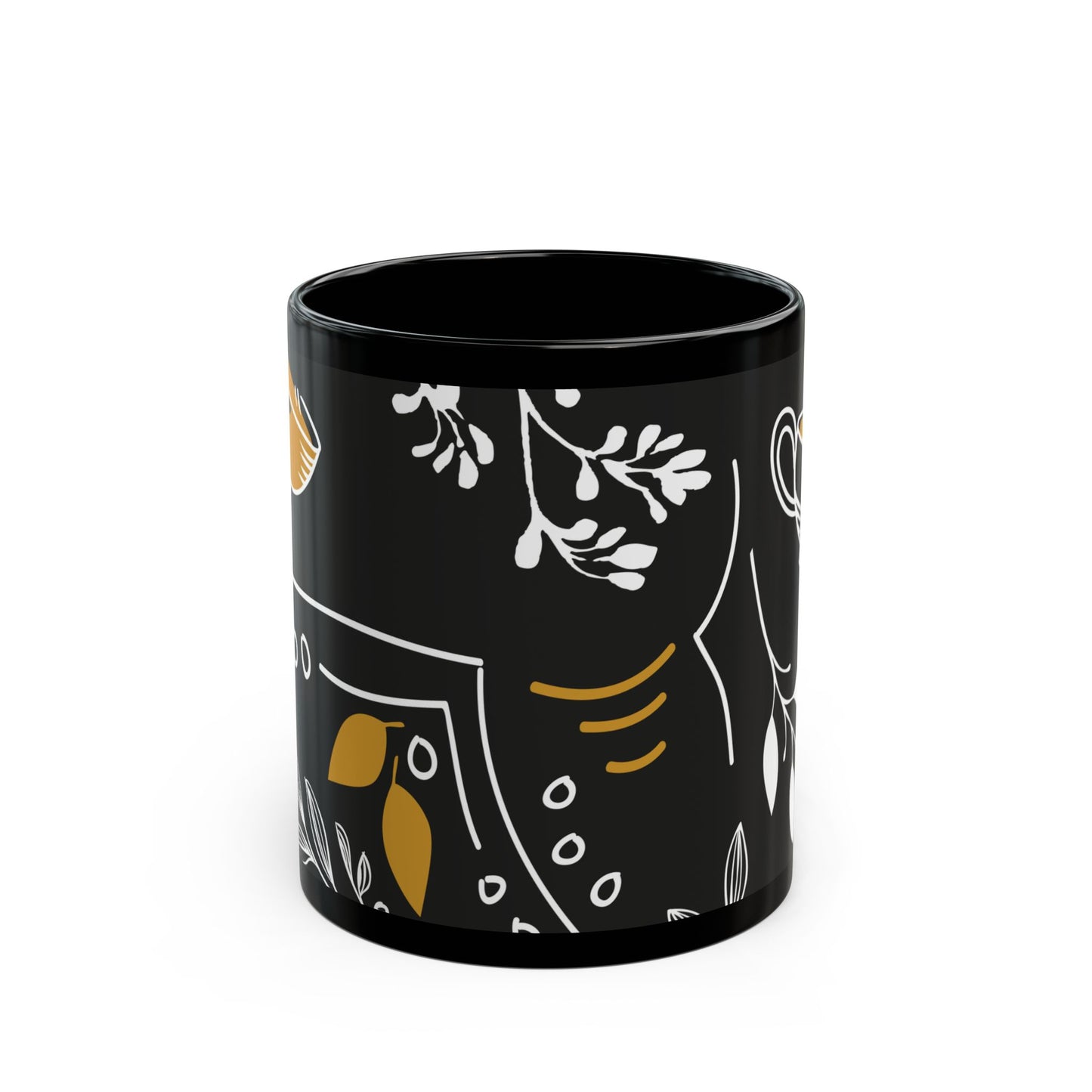 Elegance in Every Sip: White & Gold Floral 11oz Black Ceramic Mug