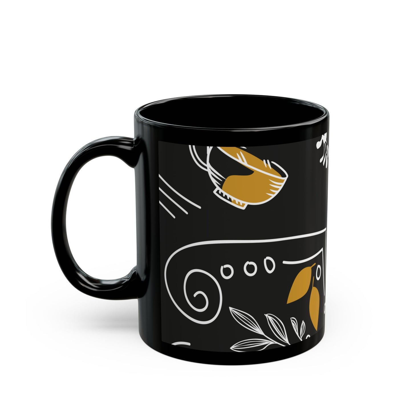 Elegance in Every Sip: White & Gold Floral 11oz Black Ceramic Mug